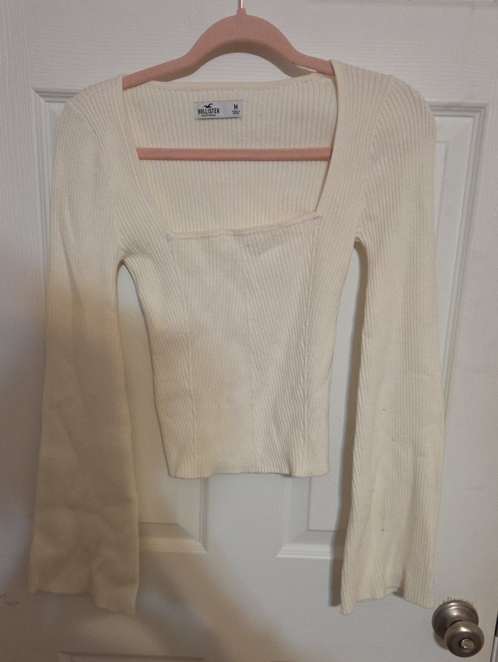 Hollister Cream Ribbed Square-Neck Long-Sleeve Knit Top